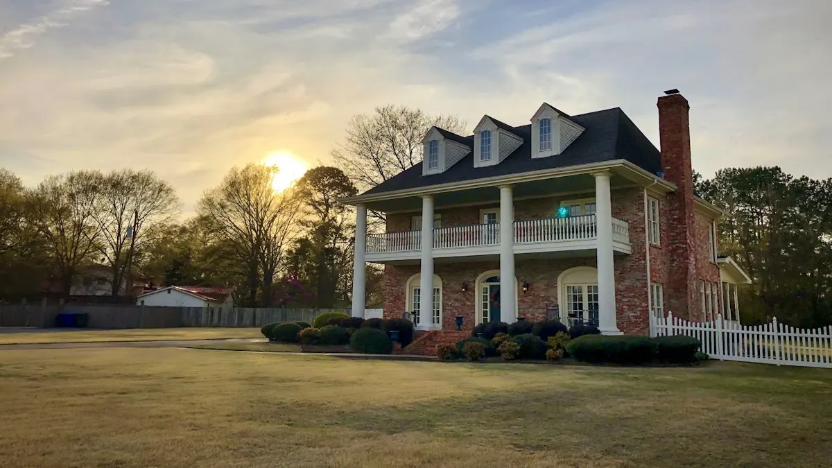 Brick home with a chimney at golden hour