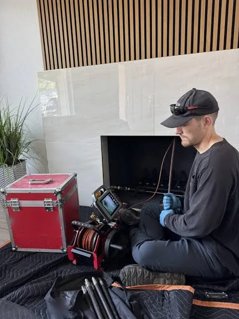 Technician running a camera inspection scope into a modern fireplace