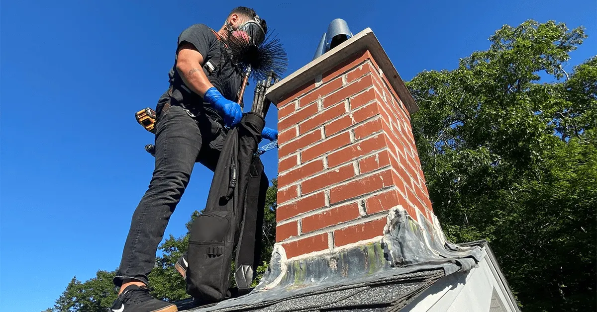 Chimney sweep with a brush working at a red brick chimney on a roof